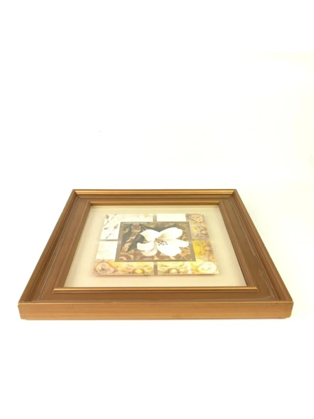 Vintage White Lily Floral Wall Art Collage Print Gold Color Frame 16” Square